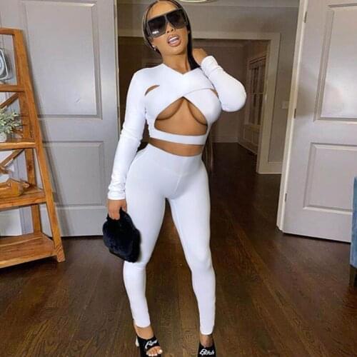 Sexy 2 Piece Set Women 2021 Cross Bandage Hollow Out Crop Top Sweatpants Women Tracksuit Sportwear Fitness Matching Sets Outfits