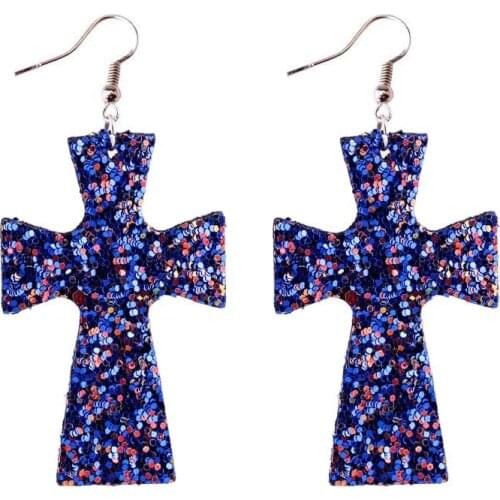 ZWPON 2020 New Glitter Leather Cross Dangle Earrings for Women Fashion Jewelry Blue Statement Large Earrings Wholesale