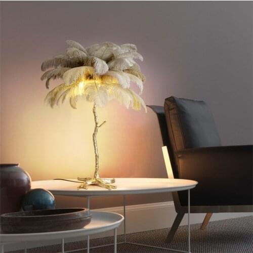 Nordic Modern Feather Table Lamp LED Resin Standing Light Interior Lighting Decor Home Table Lamps Ostrich Feather Bedside Light