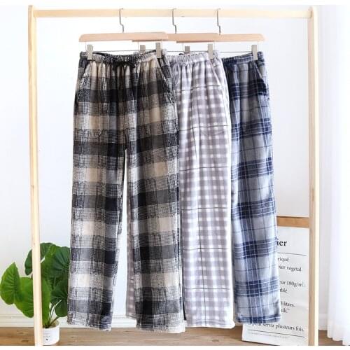 Mens Pajama Pants for Autumn and Winter Flannel Thickening Plaid Design Brushed Warm PantsMens Home Sleepwear Pants
