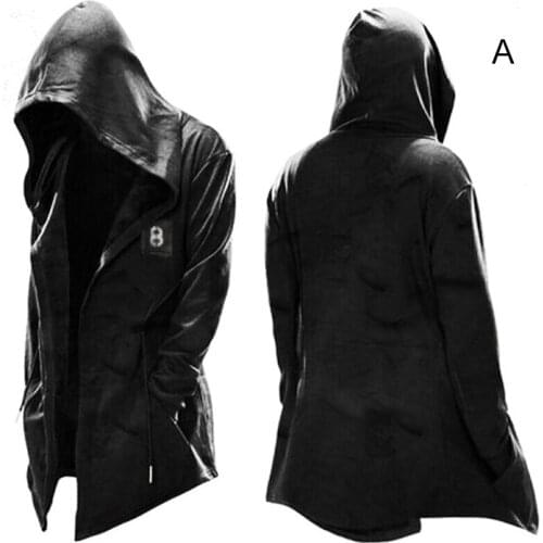 Newly Trendy Hooded Mens Trench Coat Halloween Theme Printed for Cospaly Costumes Party Prop