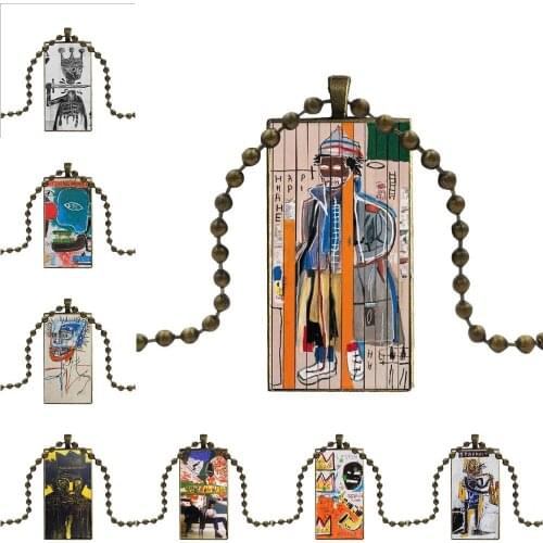 Vintage Jewelry Bronze Color Glass Cabochon Choker Pendant Long Rectangle Necklace For Girls Gift Jean Michel Basquiat
