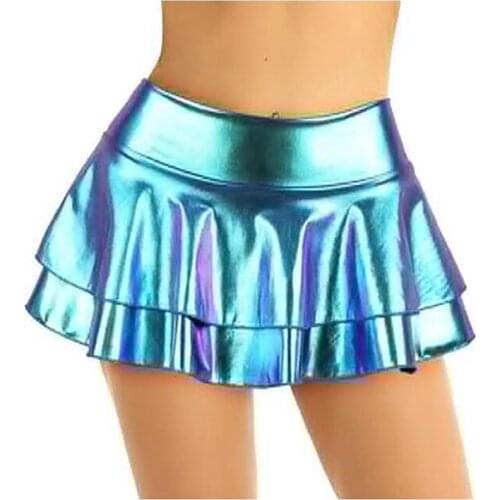 Laser Color Mini Skirt Ladies Sexy Summer Skirts Women Clubwear Holographic Double Layer Skater Skirt Low Waist Dancing Bottoms