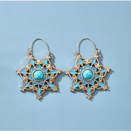Docona Vintage Hollow Out Flower Drop Earring for Women Geometric Blue Stone Dangle Earrings Female Party Fashion Jewelry