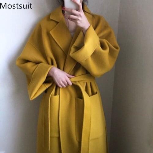 Elegant Women Long Blend Coat With Belt 2020 Winter Thicken Loose Open Stitch Female Woolen Coats Ladies Outwear Overcoat