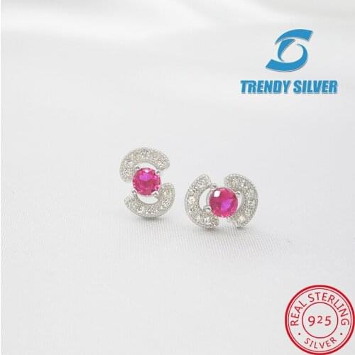 Round ruby cubic zircon stub earrings with stones for woman girl 925 sterling silver jewelry wholesale free shipping valentines
