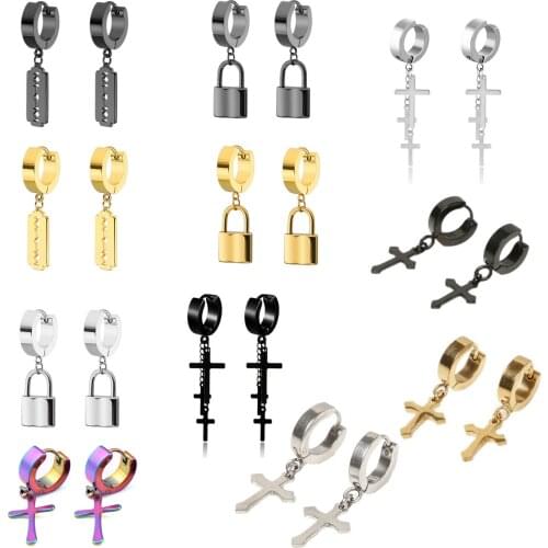 1pair Padlock Hoop Earrings For Men Metallic Stainless Steel Lock Cross Shaving Blade Drop Earing Unisex Jewelry
