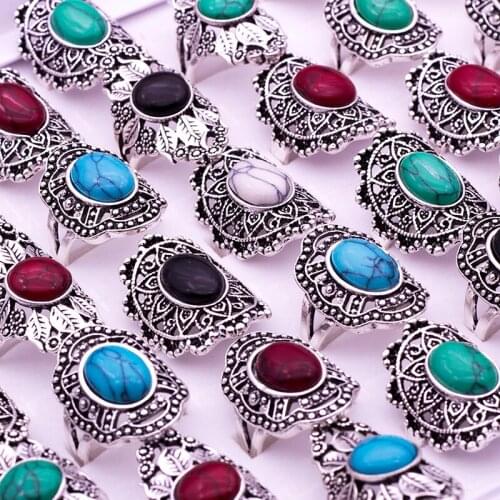 20pcs/lot Mixed Stone Rings For Women Wholesale Lot Vintage Antique Silver Plated Hollow Rings Fashion Jewelry
