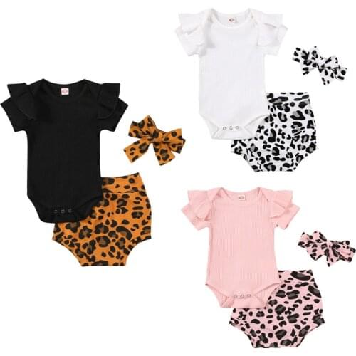 3 Colors Toddler Newborn Infant Girls Summer Clothes Ribbed Knitted Ruffles Bodysuits+High Waist Leopard Shorts+Headband Outfits