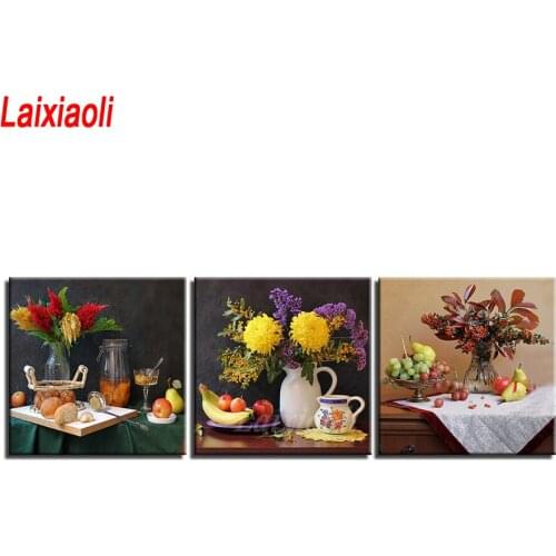 3 PCS diamond embroidery Vase Flower Fruit food Pictures painting diamond mosaic cross stitch Home Decor Wall Art Painting gift