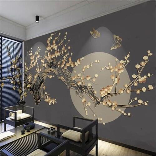 Milofi customized 3D wallpaper mural new Chinese plum blossom and moon golden relief line background wall
