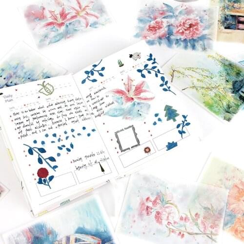 Free Cut 4-in-1 Watercolor Flowers Country Road Washi Paper Stickers for Diary Journal Scrapbooking Big Romantic Floral Sticker