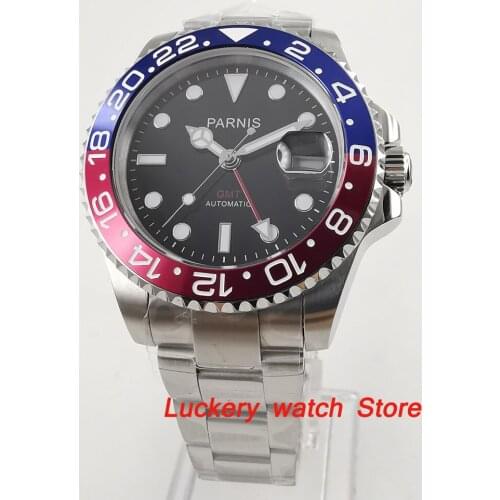 40mm Parnis Blue and red Bezel black dial red GMT luminous marks sapphire glass automatic Mens Watch-PA54