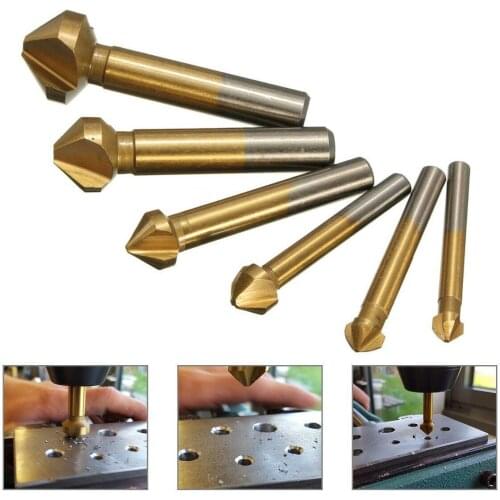 6pcs Round Shank 3 Flute 90 Degree HSS Chamfer Chamfering Cutter End Mill Tool Countersink Drill Bit Set 6.3-20.5MM Cutter Drill