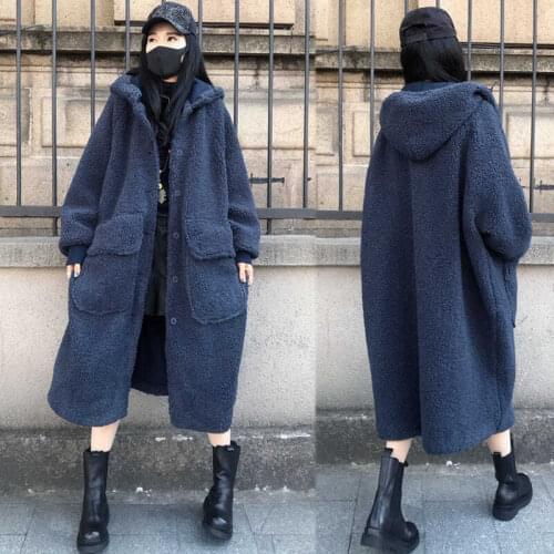 Free Shipping Fashion Autumnn Winter Loose Long Knee Coat Hooded Thickened Wool Casual Cotton
