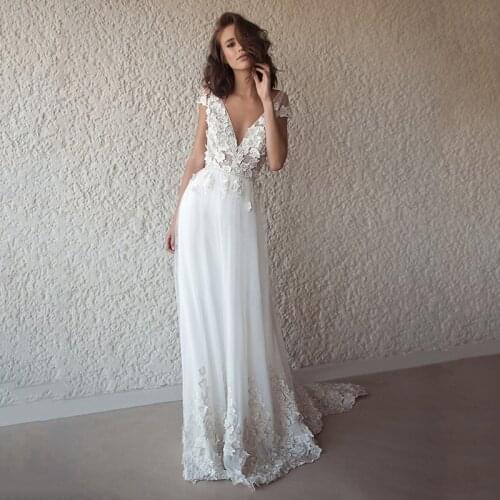 Bohemian Lace Tulle Wedding Dresses 2021 See Through V neck Boho Wedding Dresses Beach Bridal Dress Long robe de mariage