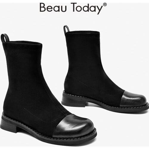 Ankle Boots Women Stretch Fabric Shoes Calfskin Round Toe Slip-on Ladies Autumn Winter Sock Boots Handmade BeauToday 02028