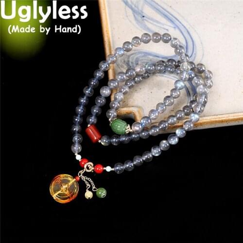 Uglyless 3 Layers Elastic Rope Natural Grey Moonstones Bracelets for Women Multi Gemstones Beading Bracelets 925 Silver Jewelry