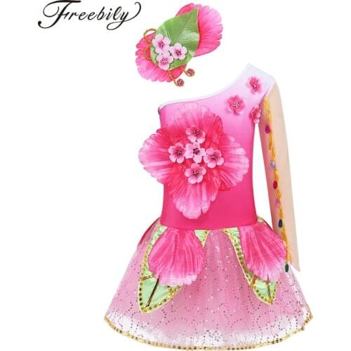 Kids One Shoulder Long Sleeves 3D Flower Mesh Tutu Ballet Dress Girls Gymnastics Leotard Child Modern Performance Dance Costume