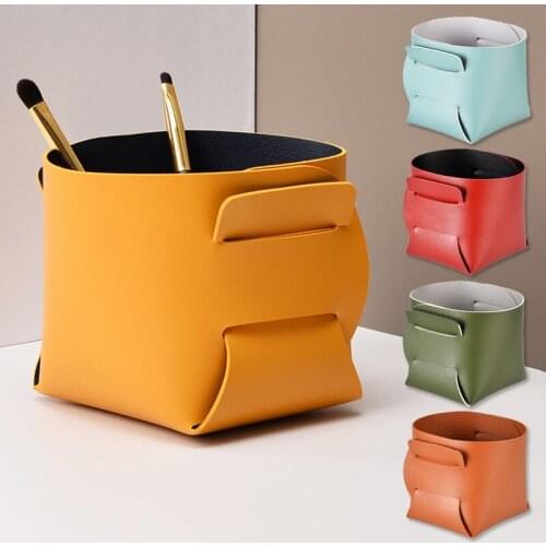 Leather Porch Key Storage Box Folding Desktop Cosmetic Organizer Jewelry Brush Ins Storage Stationery Sundries Storage Basket
