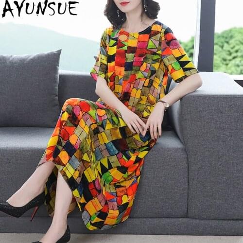 AYUNSUE Summer Silk Woman Dress 2021 Floral Midi Beach Boho Dress Vintage Party Dresses for Women Casual Vestido De Mulher J6841