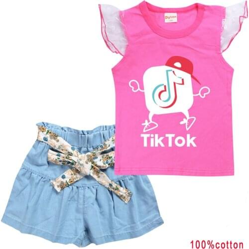 TIK TOK Summer New Fashion Cotton High Guality FashionT-shirt Children Cartoon Girl Suit Clothes