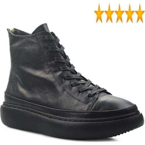 Mens 2021 New High Top Platform Shoes Zip Genuine Leather Boots Med Heels Hip Hop Lace Up Punk Trainers Bikers Ankle Boot