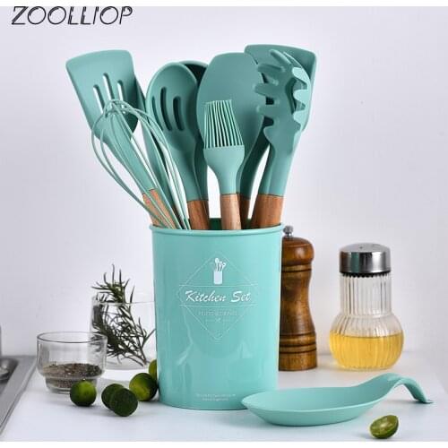 9/10/12PCS Silicone Cooking Utensils Set Non-stick Spatula Shovel Wooden Handle Cooking Tools Set With Storage Box Kitchen Tools