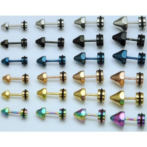 Wholesale mixed 6colors 5 sizes titanium cone steel earrings men boy punk spike fake earrings body jewelry stud earrings