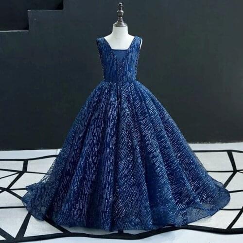 Flower Girl Dresses Princess Lace Sequined Ball Gown Square Collar Crystal Beading Blue Floor-Length Tulle Kids Party Skirt H052