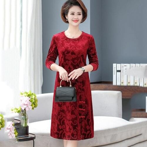 Plus size Middle-aged womens casual Dress Plus Velvet Pullover O Neck Dresses Spring Autumn Embroidered Long Dresses 5XL Vestido