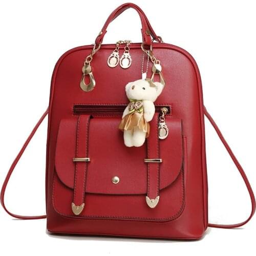 Hot Selling New Casual PU Fashion Women Backpack School Travel Bag With Bear Doll For Teenagers Girls