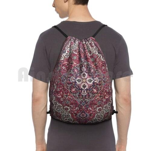 North Persian Red And Blue Antique Carpet Print Backpack Drawstring Bag Riding Climbing Gym Bag Persian Rug Carpet Vintage