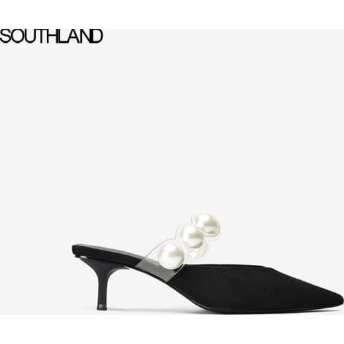 SOUTHLAND New pearl pointed toe women mules thin heel slip on outside women slippers