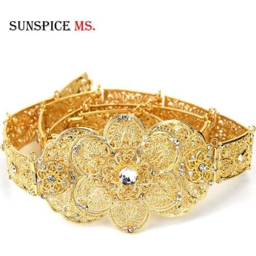 Sunspicems Gold&Retro-gold Color Moroccan Caftan Belt for Women Metal Flower Buckle Ethnic Wedding Jewelry Adjustable Link Chain
