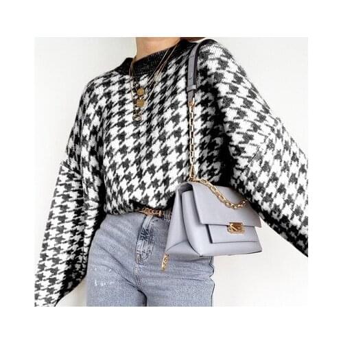 Woman Casual Houndstooth Lady Pullover Sweater Women Geometric Black Knitted Sweater Chic Female Autumn Winter Retro Jumper 2021