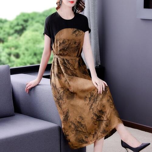 Women Fashion Vintage Print Mulberry Silk Dresses Summer 4XL Plus Size Patchwork Midi Dress 2021 Elegant Bodycon Party Vestidos