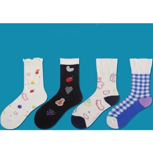 1Lot=4Pairs Adult Women Lace Plaid Girl Cotton Crew Short Alpaca Socks Alpacas Lama Alpacos Animal Grape Love Check Dropshipping