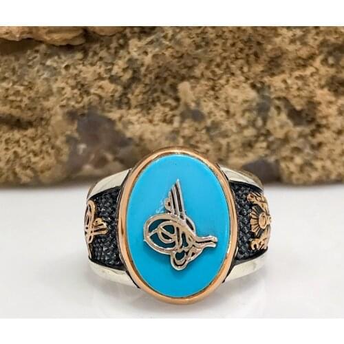 Turquoise Natural Stone Above Tuğra Silver Men 'S Ring