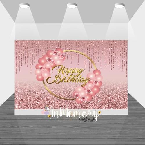 Glitter Rose Gold Happy Birthday Backdrop Pink ShinyBirthday Background for Girls Balloons Gold Ring Women Birthday Banner Props