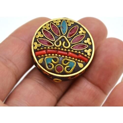 TZ107 Nepal Handmade Buddha Brass With Synthetic Coral And Turkey stone Buddhist lotus Bracelet DIY Beads For Jewelry Making