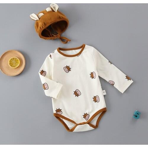 Newborn Baby Girl Boy Bodysuit Cotton Autumn Cow Pattern Jumpsuit Long Sleeve Baby Bodysuits with Hat 2Pcs Baby Clothes Outfits
