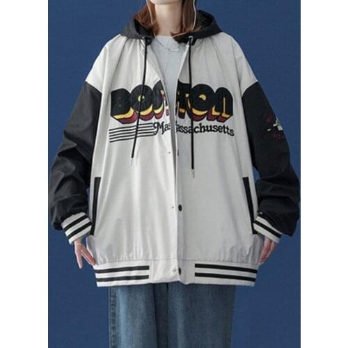 Bomber Jacket Women Baseball Uniform Contrast Color Korean Versatile Hooded Autumn Thin Coat Harajuku Streetwear Vintage Outwear