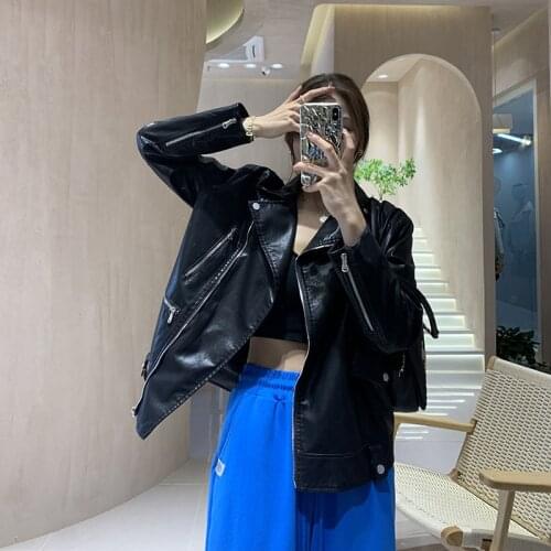 Spring Autumn Women Black Faux PU Leather Jacket Korean Casual Loose Lapel Long Sleeve Biker Jacket Female Streetwear Fashion