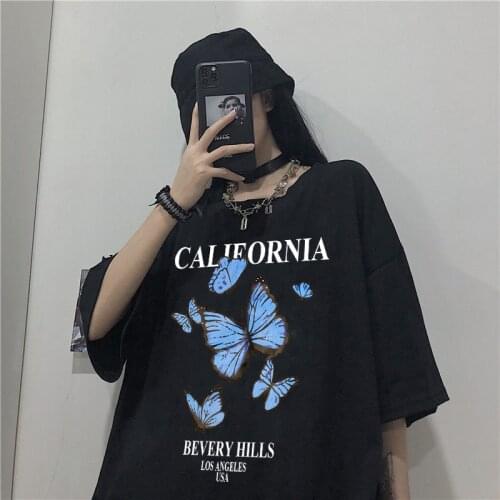 Summer Gothic Aesthetics Loose Ladies T-shirt Purple Butterfly Print Street Style Ladies Top T-shirt Harajuku Clothes Y2K