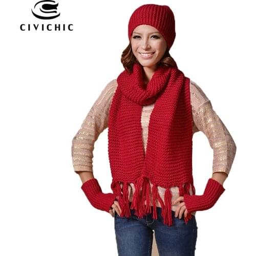 CIVICHIC New Arrival Knit Gloves Scarf Hat 3 Pieces Set Outdoor Ladies Autumn Winter Warm Cap Tassel Shawl Solid Headwear SH116