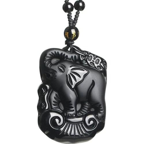 Natural obsidian auspicious elephant pendant necklace crystal jewelry gifts men and women necklace Fine jewelry