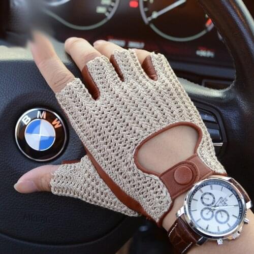 New Men Half Finger Gloves 100% Goatskin Gloves Knitted Leather Gloves Driving Male Gym Semi-Finger Fitness mittens