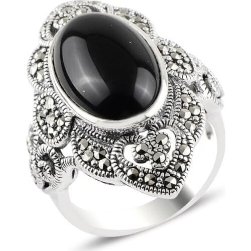 Silver 925 Sterling Onyx & Marcasite Ring