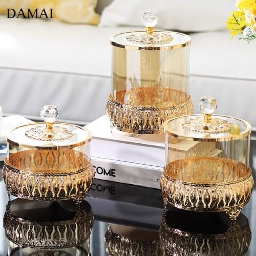 Gold Inlay Glass Storage Jars with Lid European Vintage Metal Relief Craft Candy Pot Snacks Storage Jar Living Room Decoration